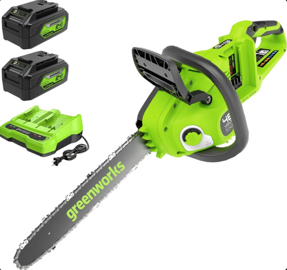 Greenworks 48V 35cm Brushless Cordless Chainsaw with Two 4Ah Batteries &Twin Charger