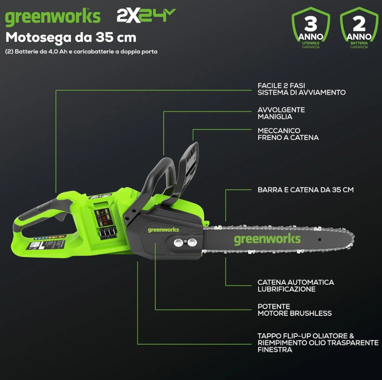 Greenworks 48V 35cm Brushless Cordless Chainsaw with Two 4Ah Batteries &Twin Charger