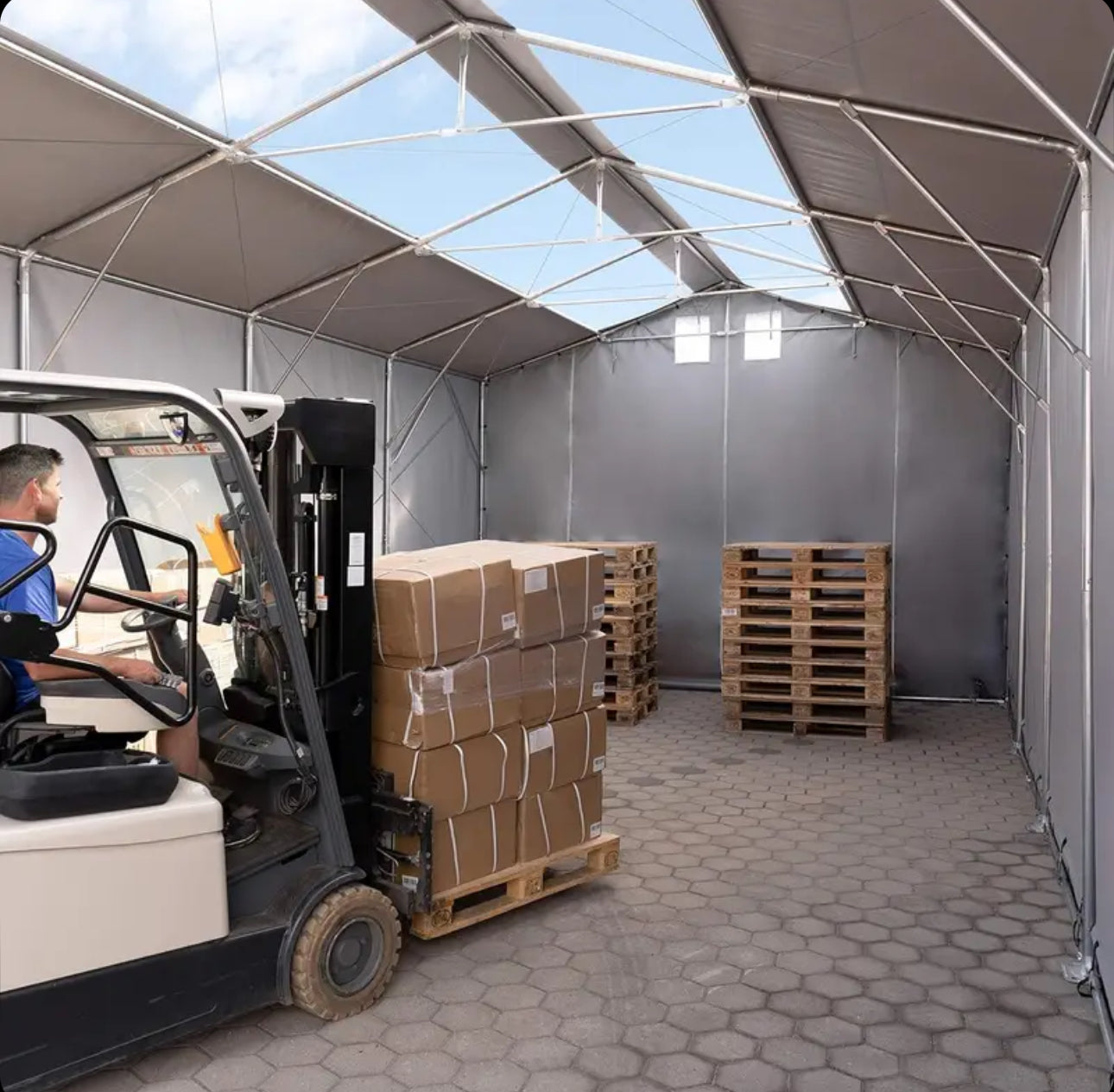 4x6m storage tent, 3.0m high, hinged door, PVC 850, grey, no static