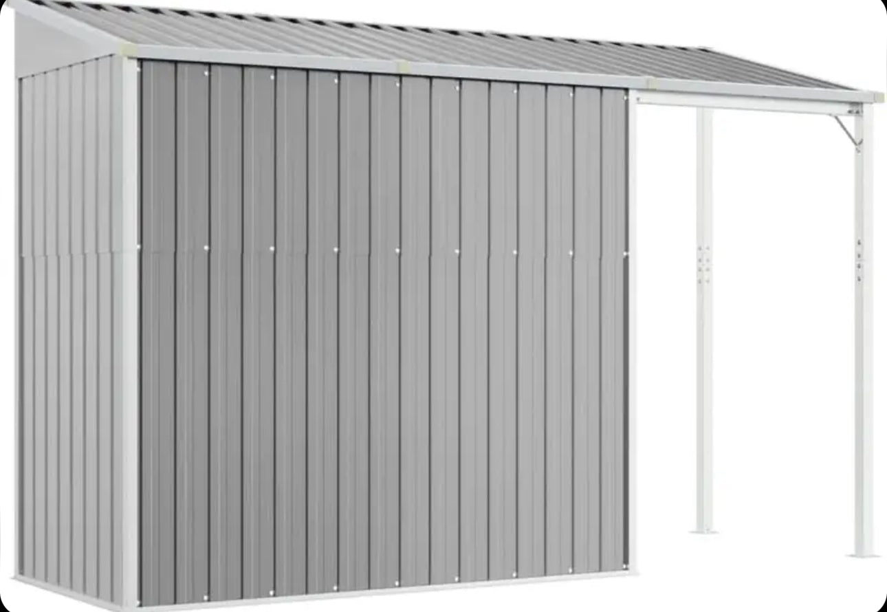 Garden shed with elongated roof, light grey, 277 x 110.5 x 181 cm