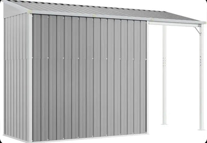 Garden shed with elongated roof, light grey, 277 x 110.5 x 181 cm