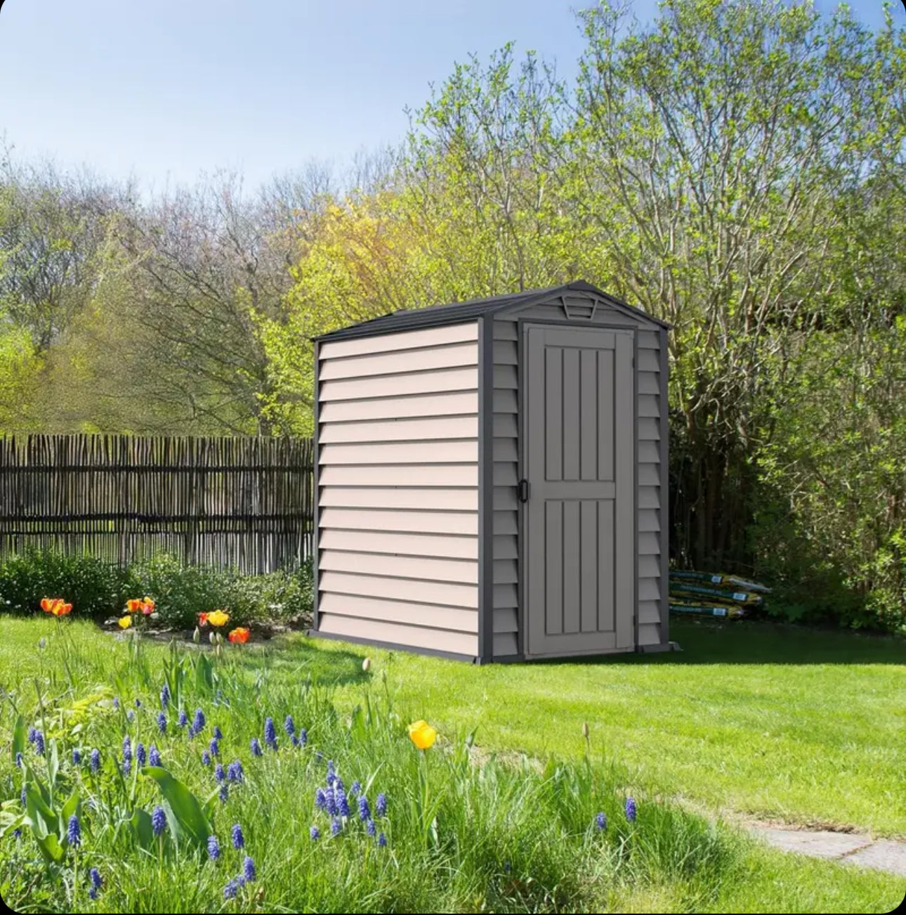 Duramax EverMore 4 x 6ft Plastic Garden Shed – Adobe & Grey – Fire Retardant & All Season Outdoor Storage Solution – Includes Plastic Floor, Dark Grey and Adobe