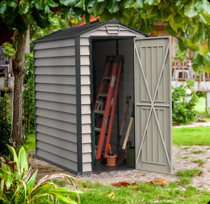 Duramax EverMore 4 x 6ft Plastic Garden Shed – Adobe & Grey – Fire Retardant & All Season Outdoor Storage Solution – Includes Plastic Floor, Dark Grey and Adobe
