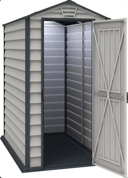 Duramax EverMore 4 x 6ft Plastic Garden Shed – Adobe & Grey – Fire Retardant & All Season Outdoor Storage Solution – Includes Plastic Floor, Dark Grey and Adobe