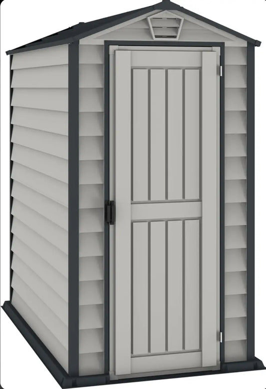 Duramax EverMore 4 x 6ft Plastic Garden Shed – Adobe & Grey – Fire Retardant & All Season Outdoor Storage Solution – Includes Plastic Floor, Dark Grey and Adobe