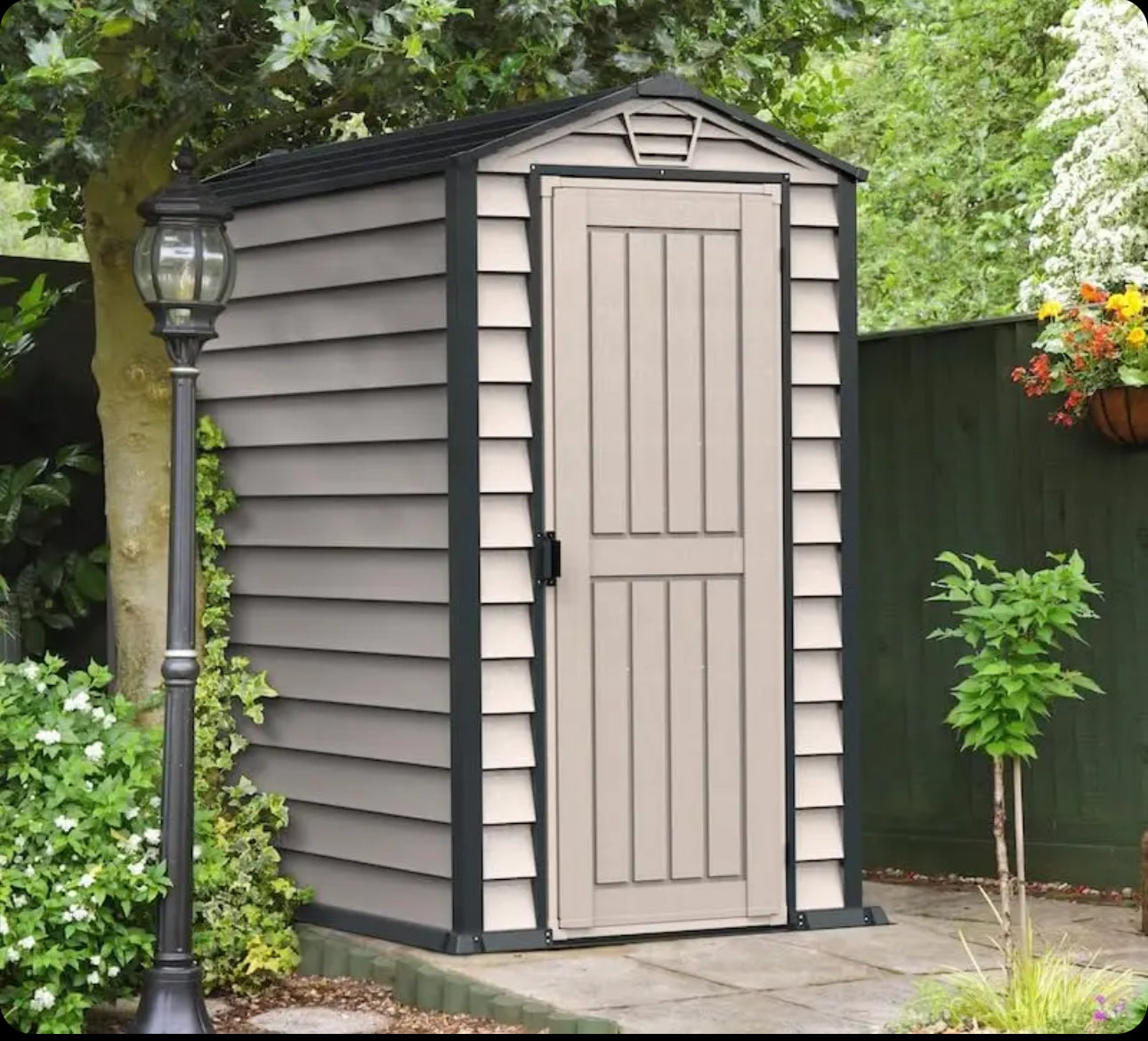 Duramax EverMore 4 x 6ft Plastic Garden Shed – Adobe & Grey – Fire Retardant & All Season Outdoor Storage Solution – Includes Plastic Floor, Dark Grey and Adobe