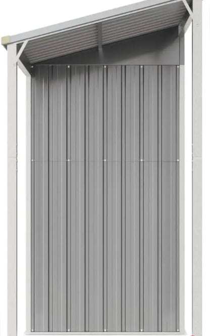Garden shed with elongated roof, light grey, 277 x 110.5 x 181 cm