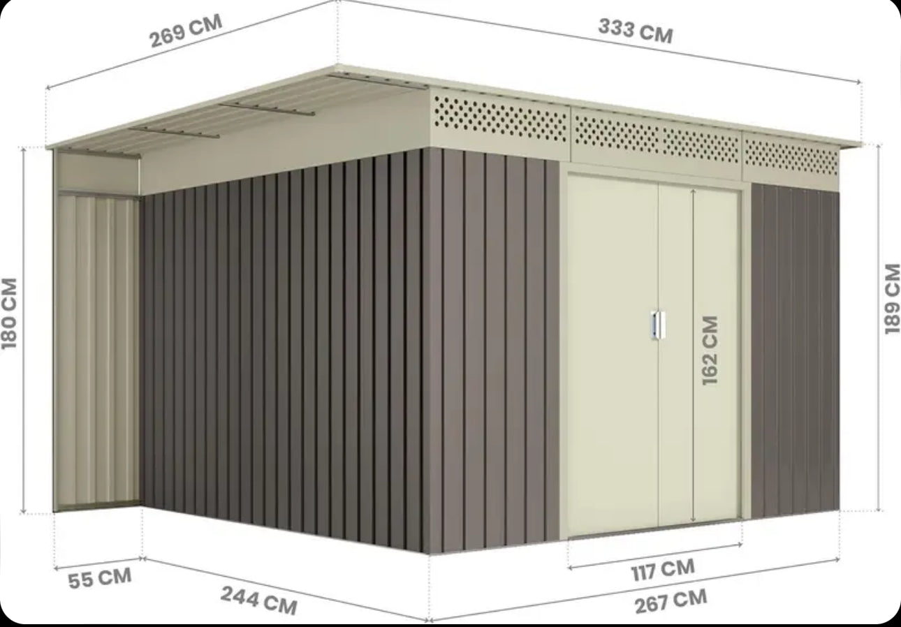 Okoru Hoggar Grey/Beige Metal Storage Shed 8.96m2 - 269x333x189cm. Garden Terrace Shed