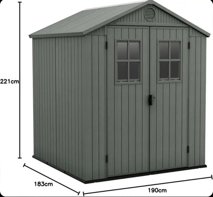 Keter Darwin Garden Shed 6 x 6, Wood Effect Finish, Sage Green, 3.30 m², 190 x 183 x 221 H cm