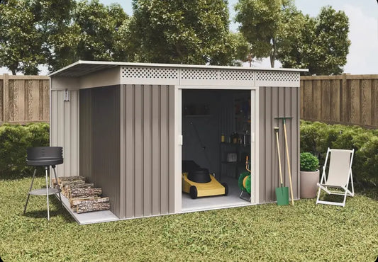 Okoru Hoggar Grey/Beige Metal Storage Shed 8.96m2 - 269x333x189cm. Garden Terrace Shed