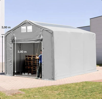 4x6m storage tent, 3.0m high, hinged door, PVC 850, grey, no static